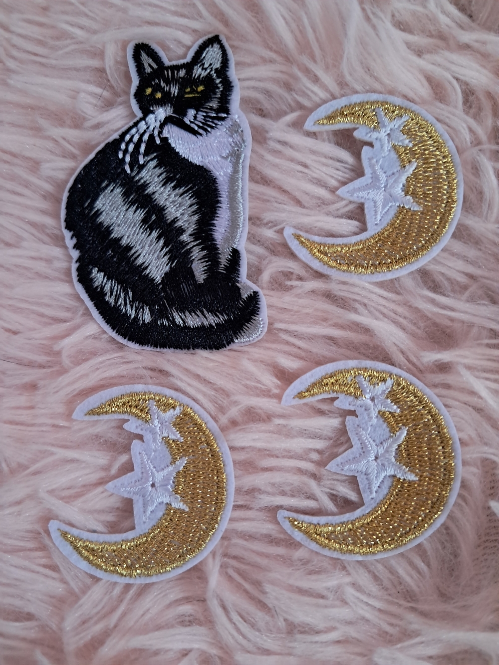 Black & White Cat with Gold Crescent Moon & Stars Embroidered Patches Set Of 4!